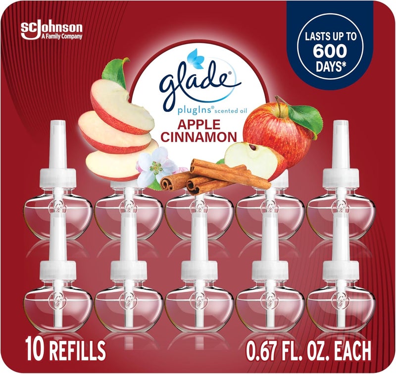Glade عبوات إعادة تعبئة معطر الهواء، زيوت عطرية وأساسية للمنزل والحمام، تفاح وقرفة، 6.7 أونصة سائلة، 10 عبوة (قد يختلف التغليف) - Image 1